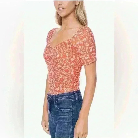 ELODIE Women's Mesh Short Sleeve Bodysuit Cross Front Fitted Top S - Picture 2 of 12